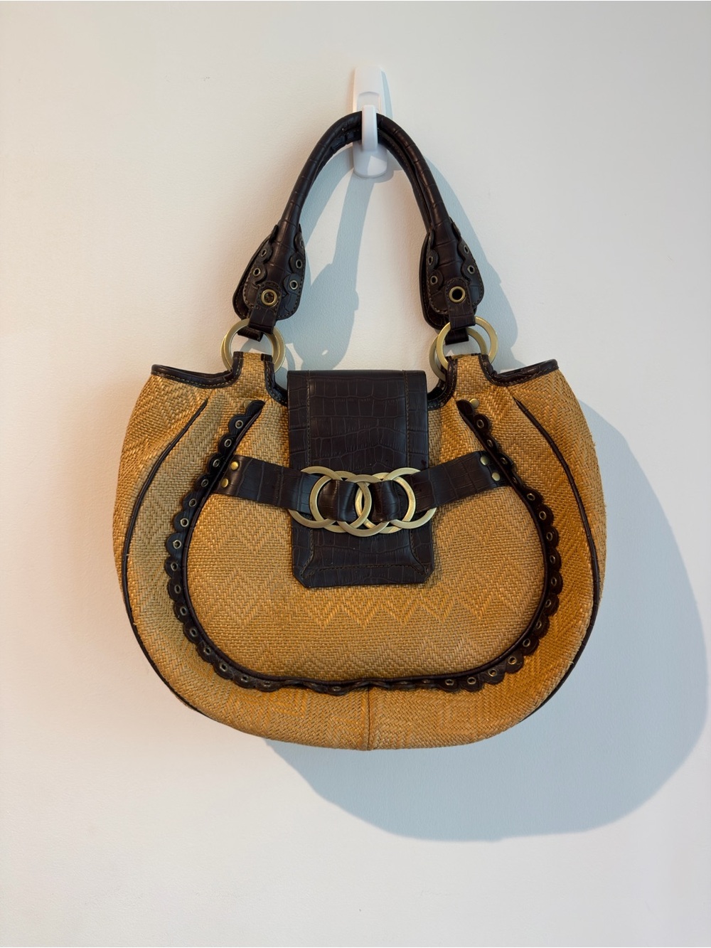 Golden Tan Woven Shoulder Bag with Dark Brown Trim and Ring Hardware - Picture 2 of 5